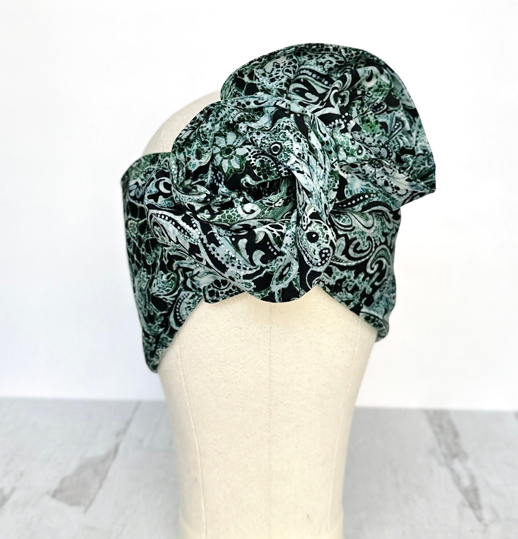 Extra Long & Wide Wire Adjustable Wrap Head Wrap, Green Abstract Floral Print, Wired Headband, Turban, Accessories For Women