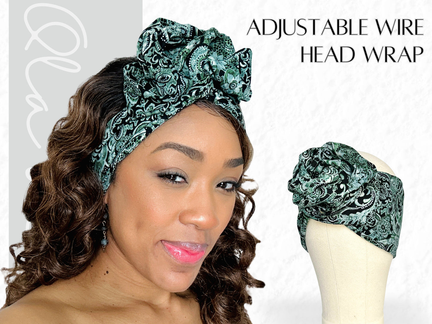 Extra Long & Wide Wire Adjustable Wrap Head Wrap, Green Abstract Floral Print, Wired Headband, Turban, Accessories For Women