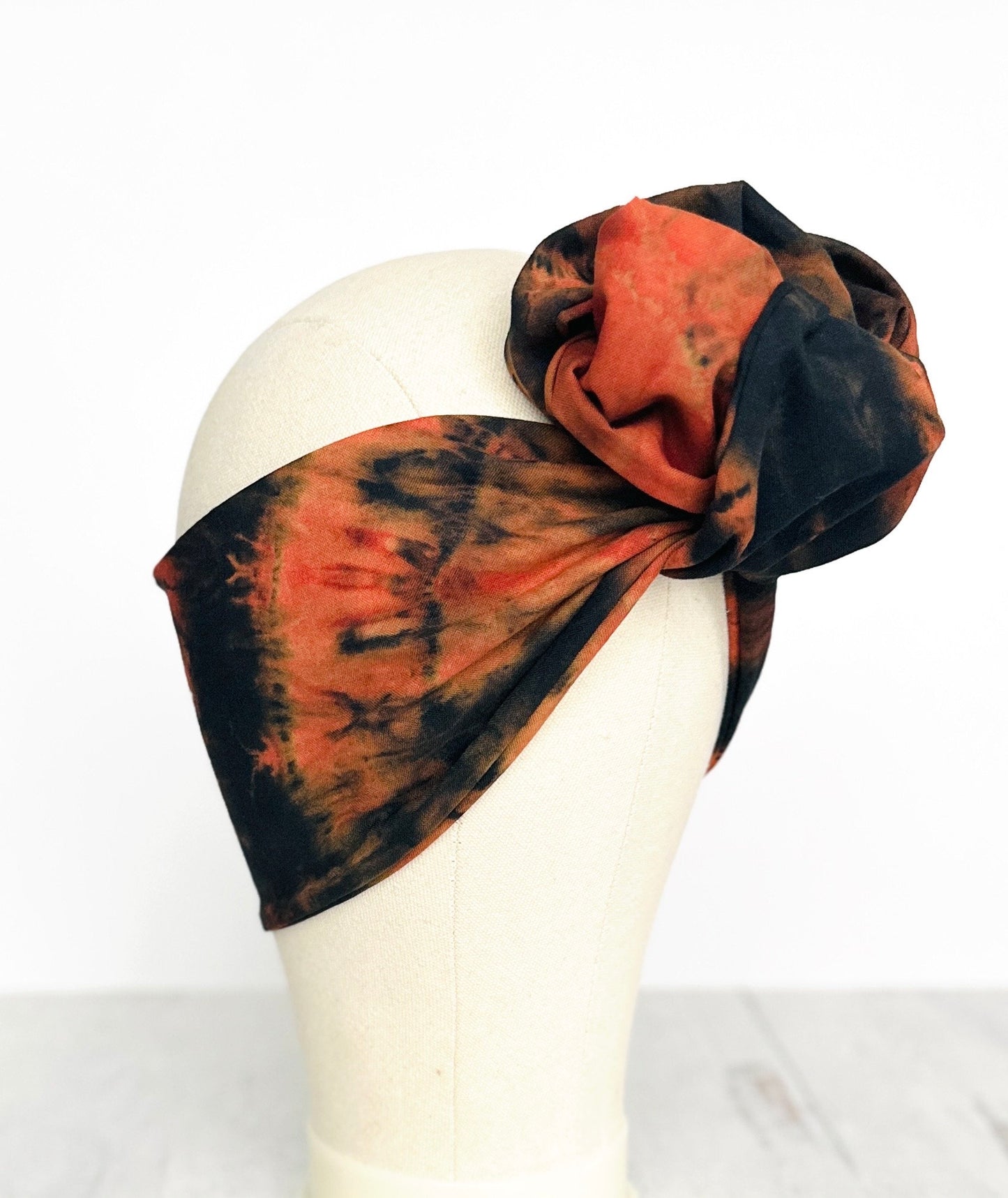 Hand Dyed Extra Long Wide BENDABLE Wire Headband, Orange Black Tie Dyed Wired Head Wrap, Accessories For Women, No Slip Hair Scarf