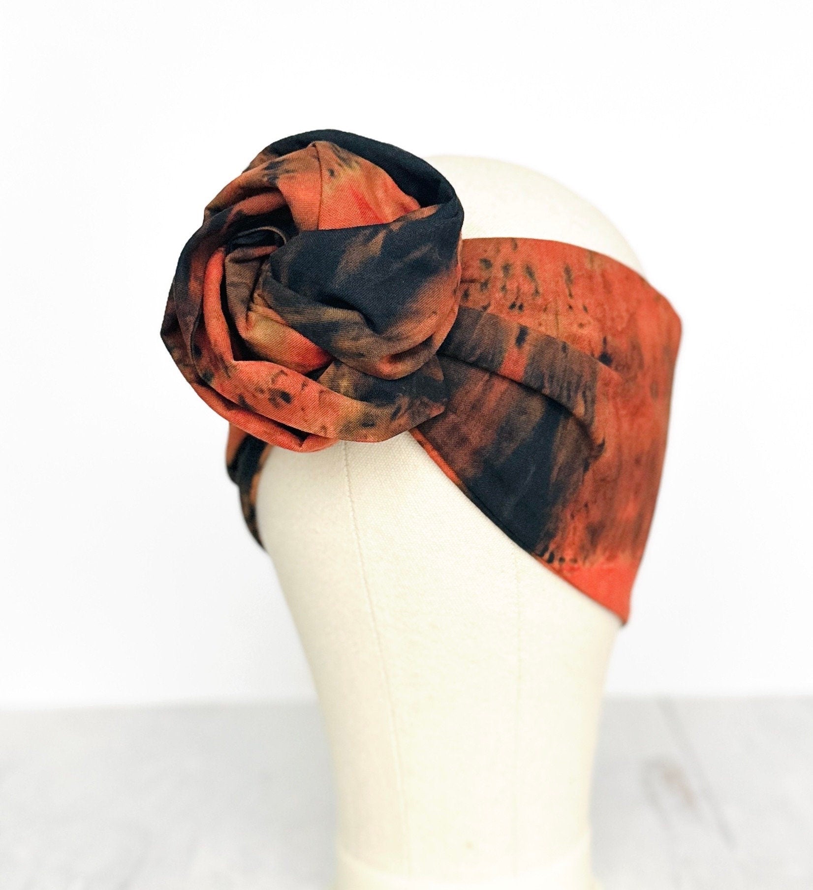 Hand Dyed Extra Long Wide BENDABLE Wire Headband, Orange Black Tie Dyed Wired Head Wrap, Accessories For Women, No Slip Hair Scarf