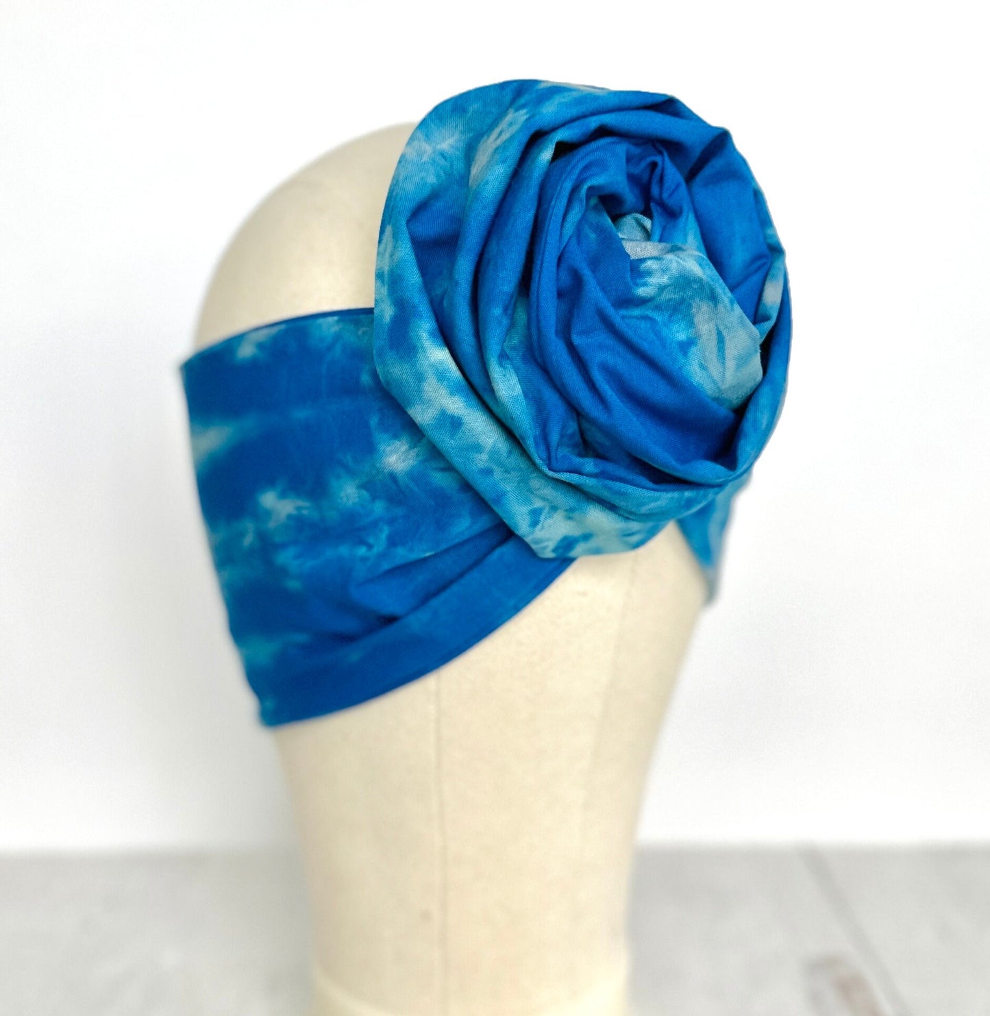 Hand Dyed Long Wide ADJUSTABLE Wire Headband, Blue Tie Dyed Spring Summer Beach Head Wrap, Bendable Hair Scarf For Women, No Slip Bandana