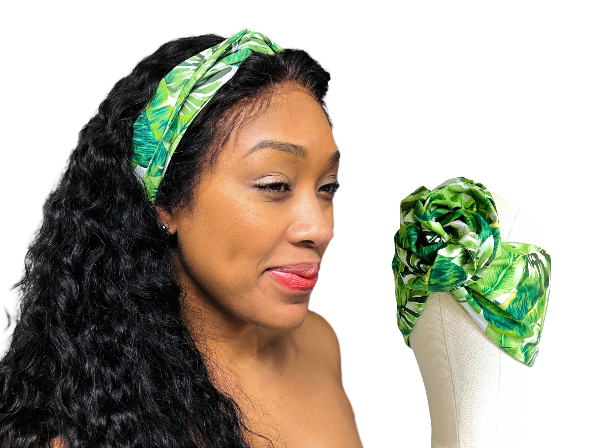 Extra Long & Wide ADJUSTABLE WIRE head Wrap, Green Tropical Leaves Print, Vacation Wired Head band, Turban, Women Headband, Boho Hair Wrap
