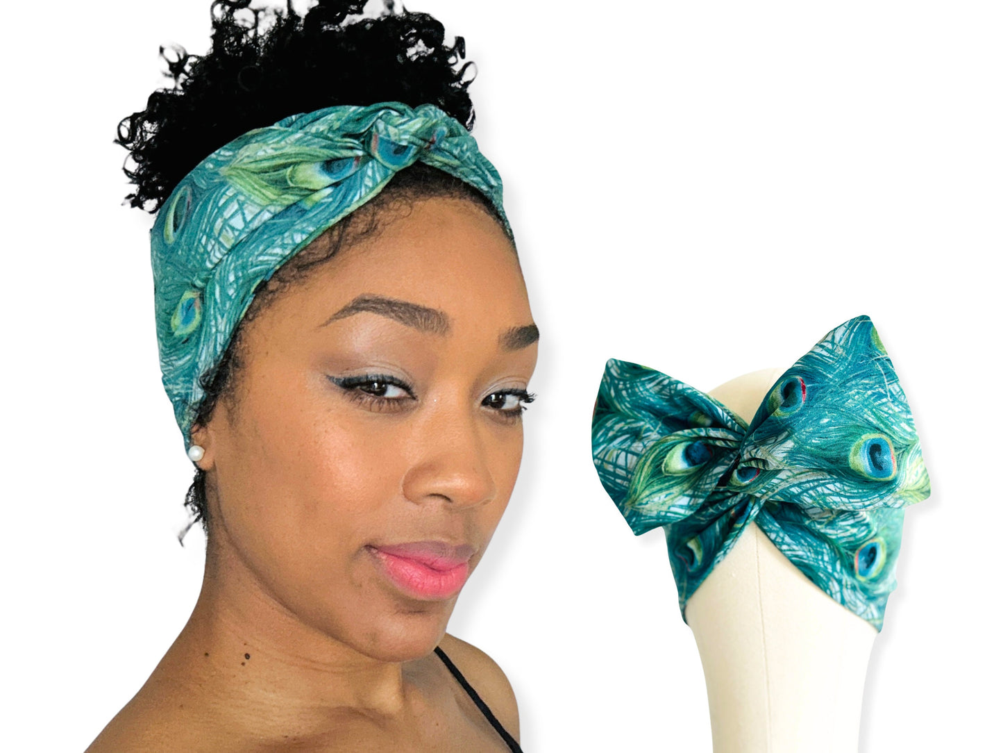 Extra Wide ADJUSTABLE Wire Headband, Teal Peacock Print Wired Head Wrap, Hair Accessories For Women, No Slip, Comfortable