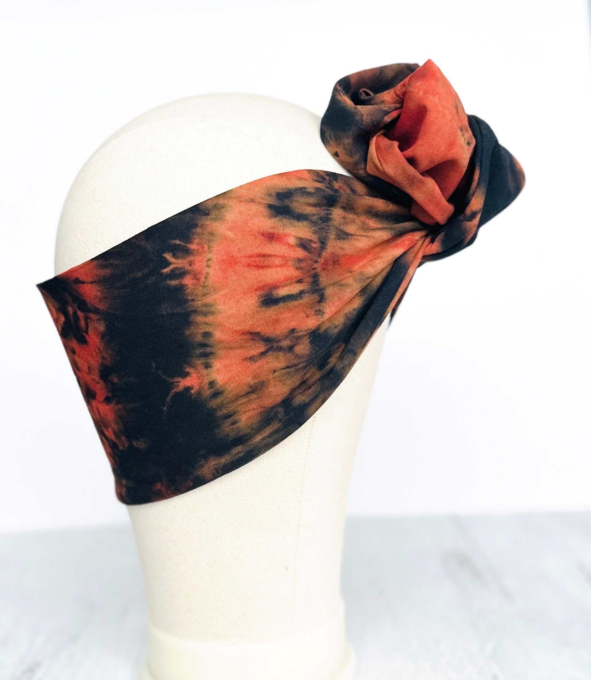 Hand Dyed Extra Long Wide BENDABLE Wire Headband, Orange Black Tie Dyed Wired Head Wrap, Accessories For Women, No Slip Hair Scarf