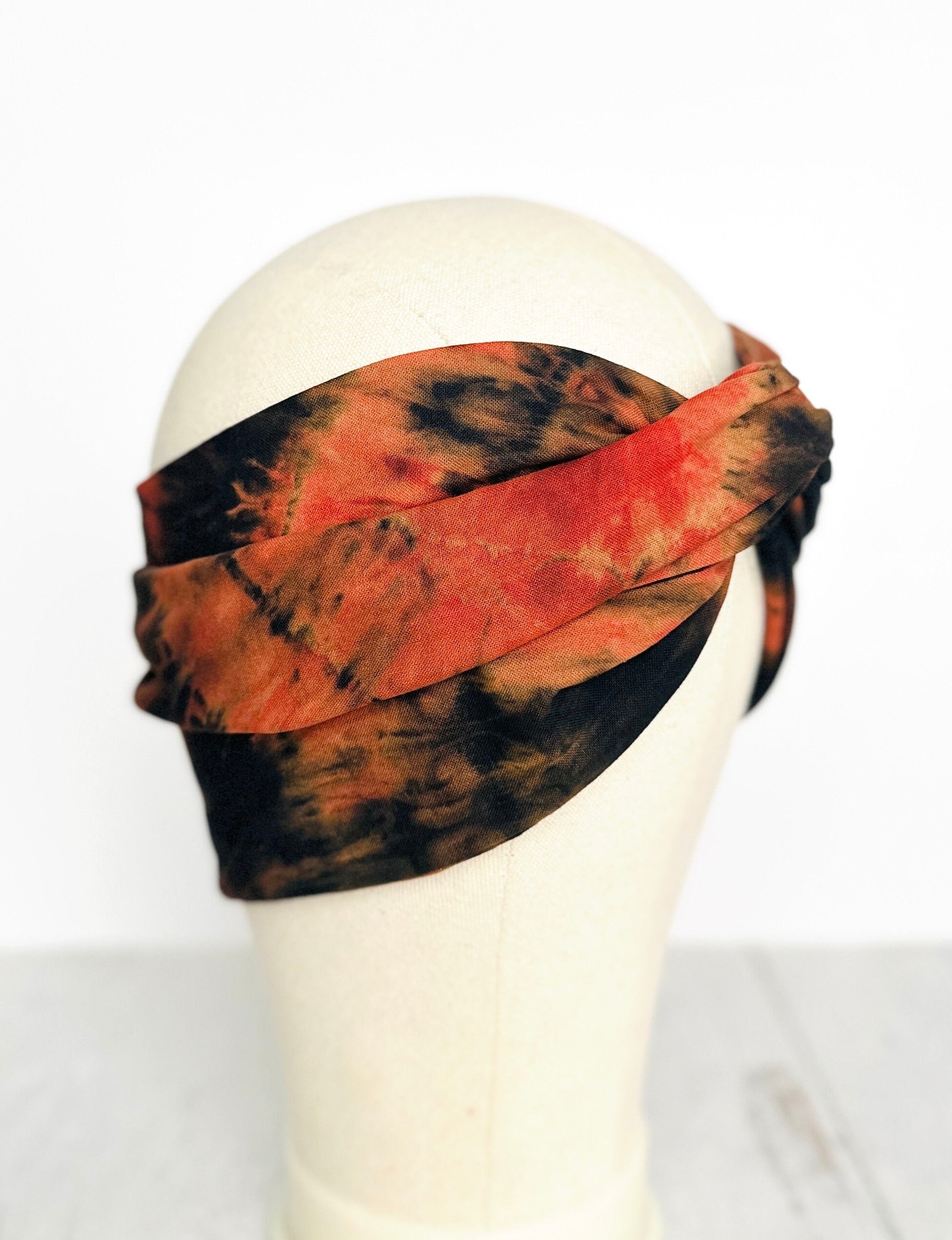 Hand Dyed Extra Long Wide BENDABLE Wire Headband, Orange Black Tie Dyed Wired Head Wrap, Accessories For Women, No Slip Hair Scarf