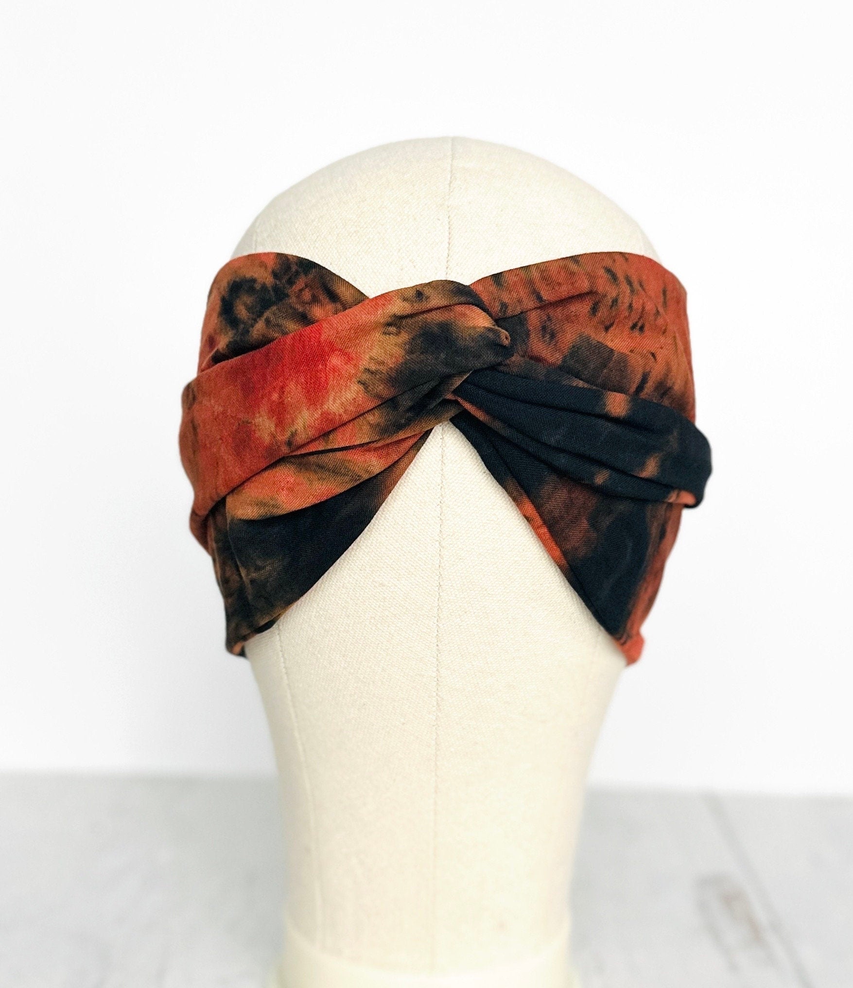 Hand Dyed Extra Long Wide BENDABLE Wire Headband, Orange Black Tie Dyed Wired Head Wrap, Accessories For Women, No Slip Hair Scarf