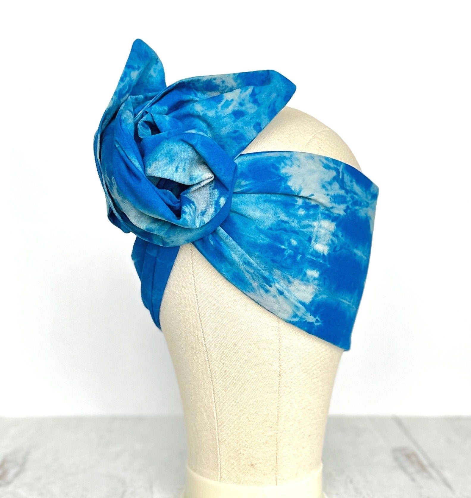 Hand Dyed Long Wide ADJUSTABLE Wire Headband, Blue Tie Dyed Spring Summer Beach Head Wrap, Bendable Hair Scarf For Women, No Slip Bandana