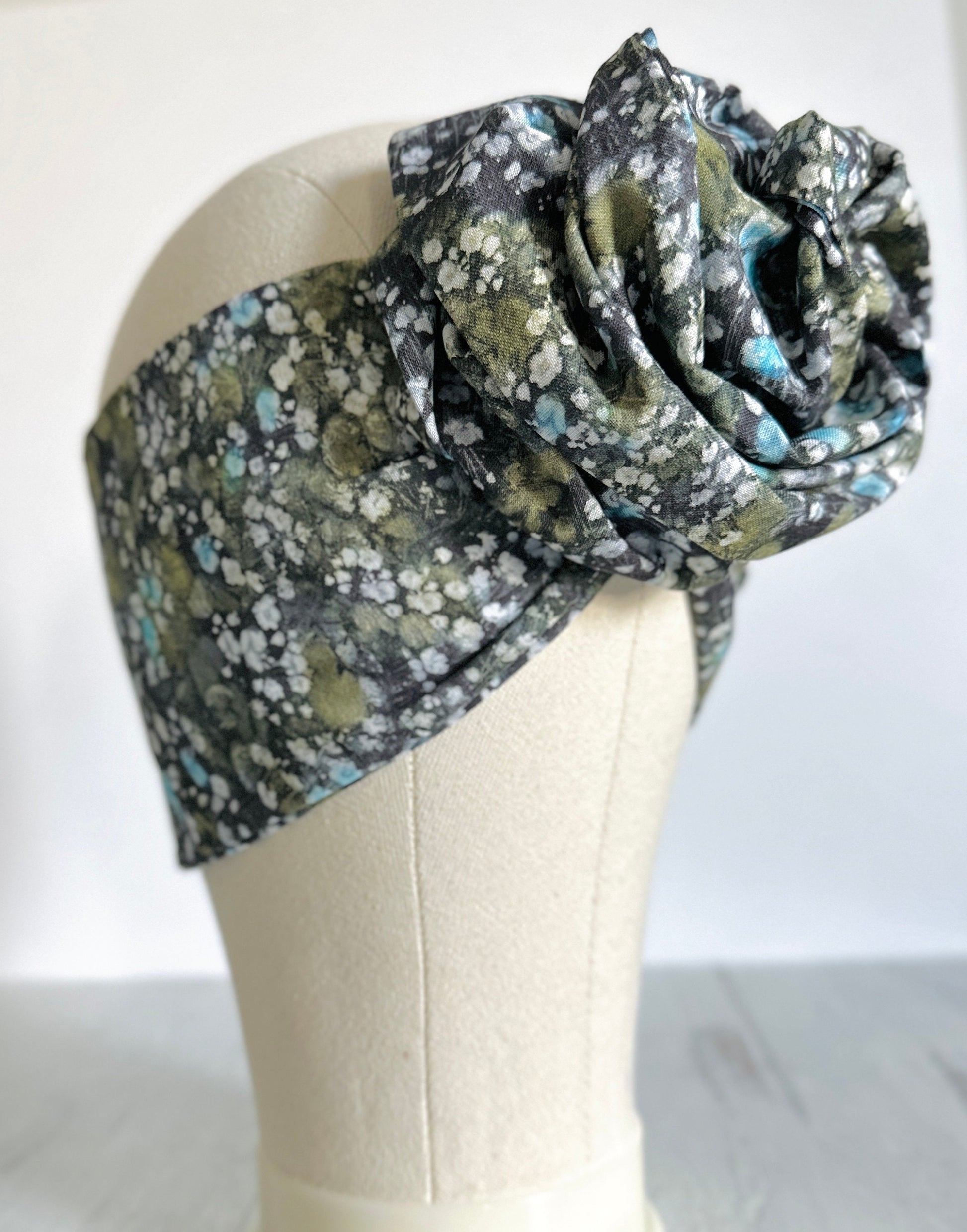 Extra Long Wide Adjustable Wire Wrap, Black Blue Floral Headband, Bendable Wired Fabric Head Wrap, Boho Hair Tie, Turban