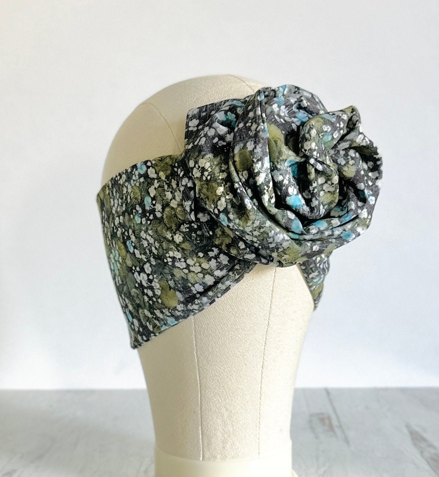 Extra Long Wide Adjustable Wire Wrap, Black Blue Floral Headband, Bendable Wired Fabric Head Wrap, Boho Hair Tie, Turban