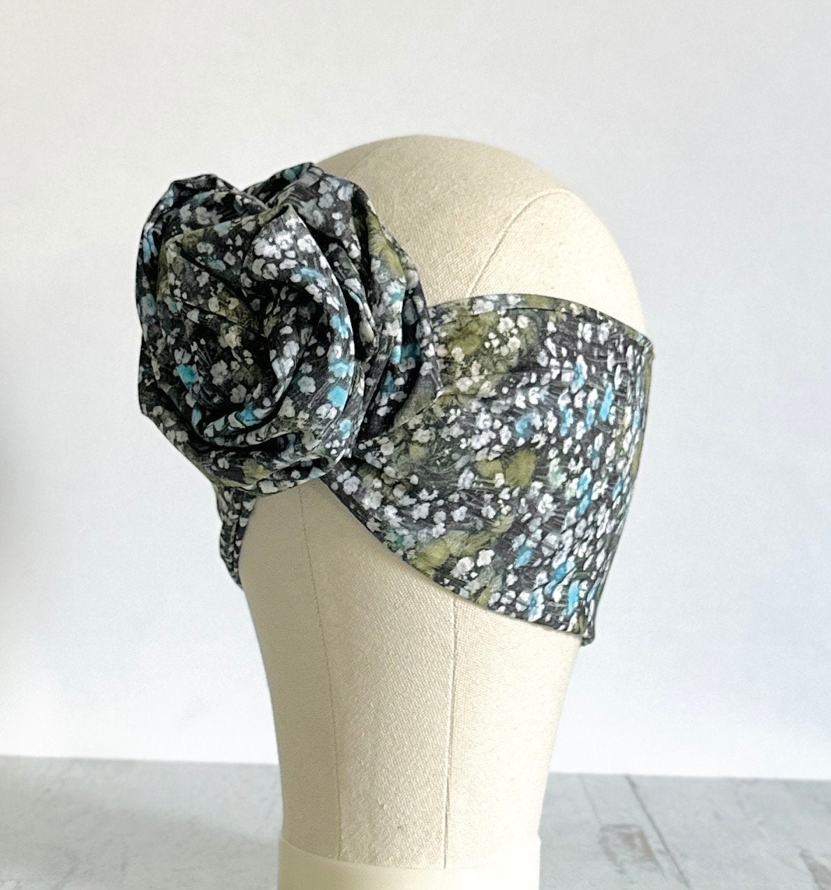 Extra Long Wide Adjustable Wire Wrap, Black Blue Floral Headband, Bendable Wired Fabric Head Wrap, Boho Hair Tie, Turban