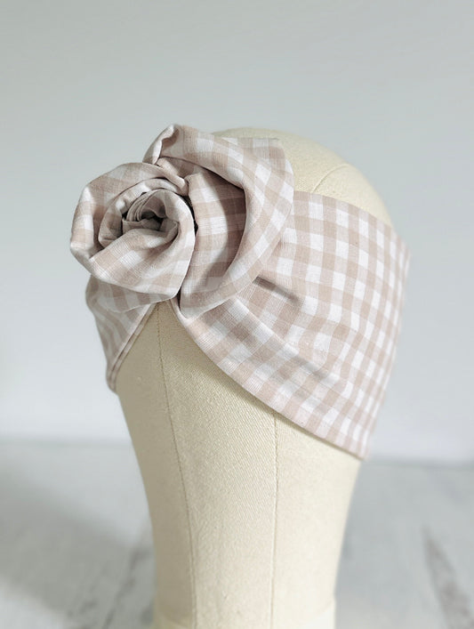 Extra Wide Adjustable Wire Headband, Vintage Inspired Tan Gingham Print Wired Headband For Women, Head Wrap, Turban Accessories, Head Scarf