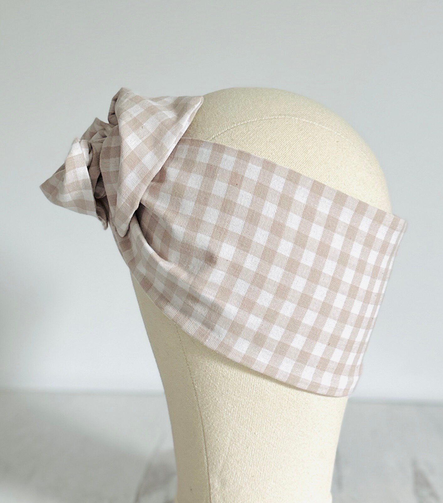 Extra Wide Adjustable Wire Headband, Vintage Inspired Tan Gingham Print Wired Headband For Women, Head Wrap, Turban Accessories, Head Scarf