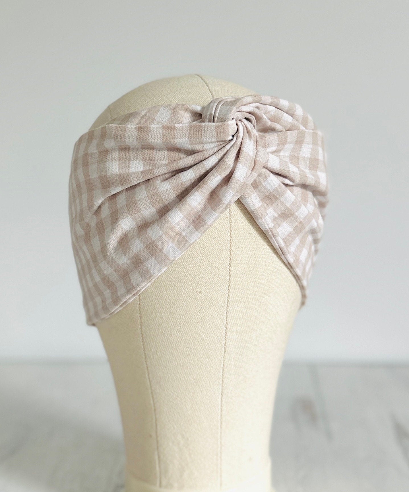 Extra Wide Adjustable Wire Headband, Vintage Inspired Tan Gingham Print Wired Headband For Women, Head Wrap, Turban Accessories, Head Scarf