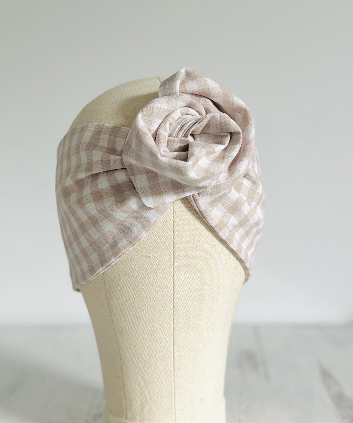 Extra Wide Adjustable Wire Headband, Vintage Inspired Tan Gingham Print Wired Headband For Women, Head Wrap, Turban Accessories, Head Scarf