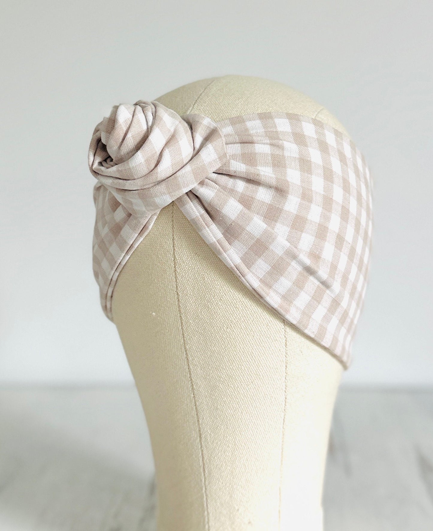 Extra Wide Adjustable Wire Headband, Vintage Inspired Tan Gingham Print Wired Headband For Women, Head Wrap, Turban Accessories, Head Scarf