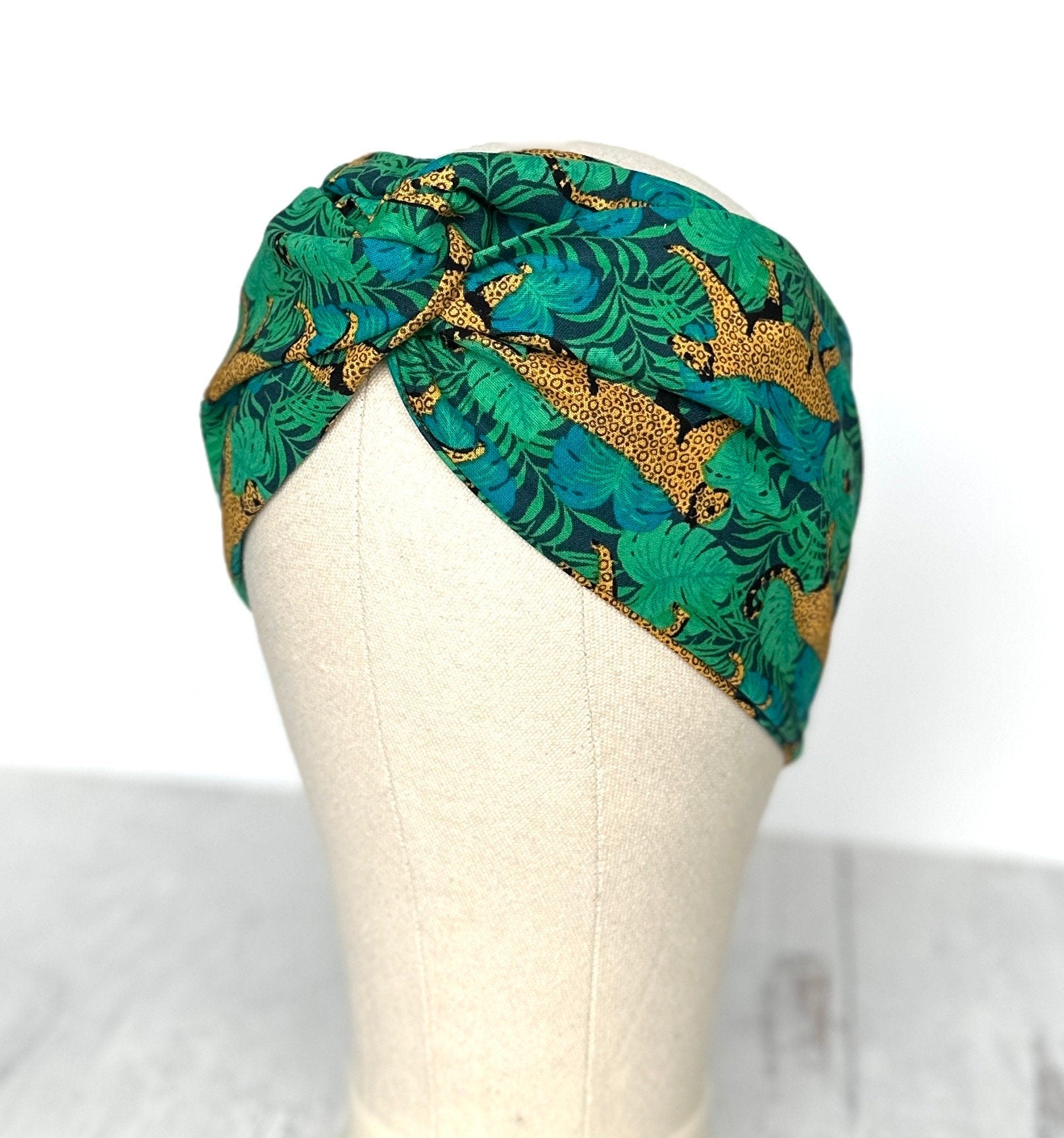 Extra Wide Adjustable Wire Headband, Tropical Leopard Print, Teal Gold, Boho Wired Headband, Fabric Head Wrap, Turban, Gift for Her, Scarf