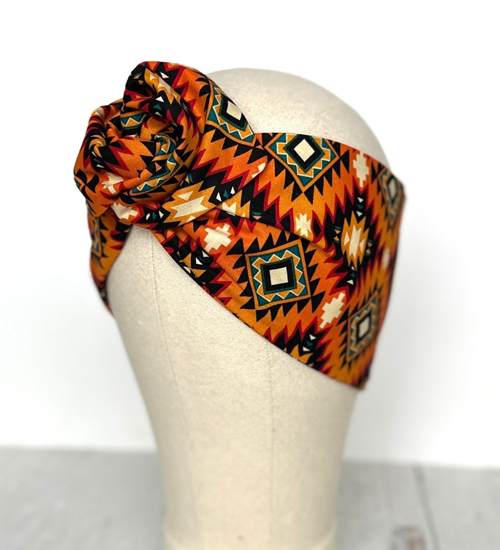 Extra Wide Adjustable Wire Headband, Orange Tribal Print Wired Headband For Women, Bendable Head Wrap, Turban Accessories, Head Scarf