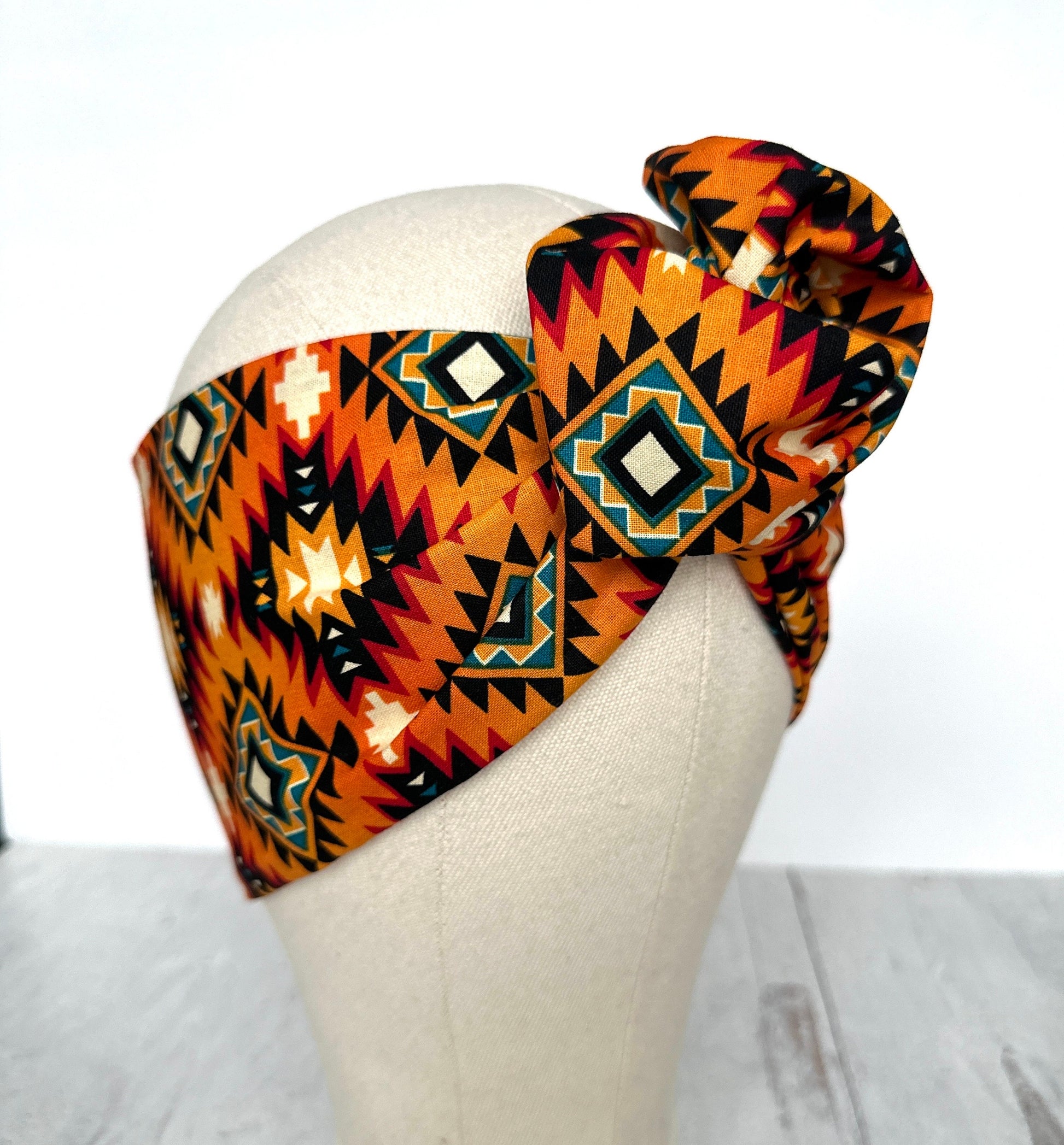 Extra Wide Adjustable Wire Headband, Orange Tribal Print Wired Headband For Women, Bendable Head Wrap, Turban Accessories, Head Scarf