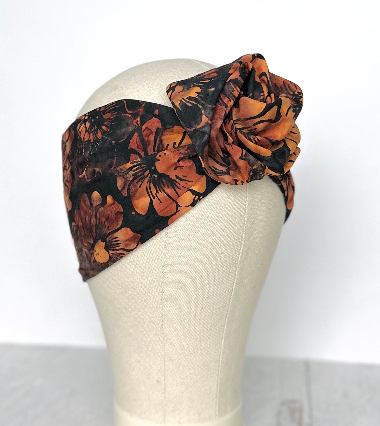 Extra Wide Adjustable Wire Headband, Batik Tropical Flower Print, Black Brown, Wired Headband, Fabric Head Wrap, Turban, Hair Scarf