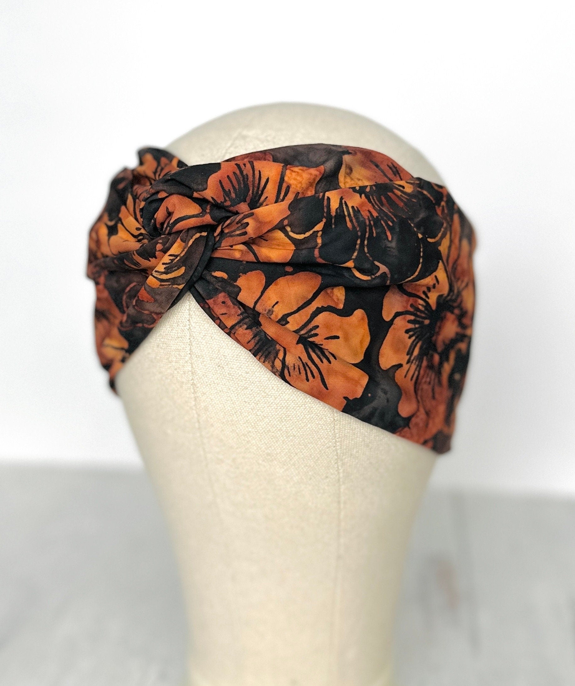 Extra Wide Adjustable Wire Headband, Batik Tropical Flower Print, Black Brown, Wired Headband, Fabric Head Wrap, Turban, Hair Scarf