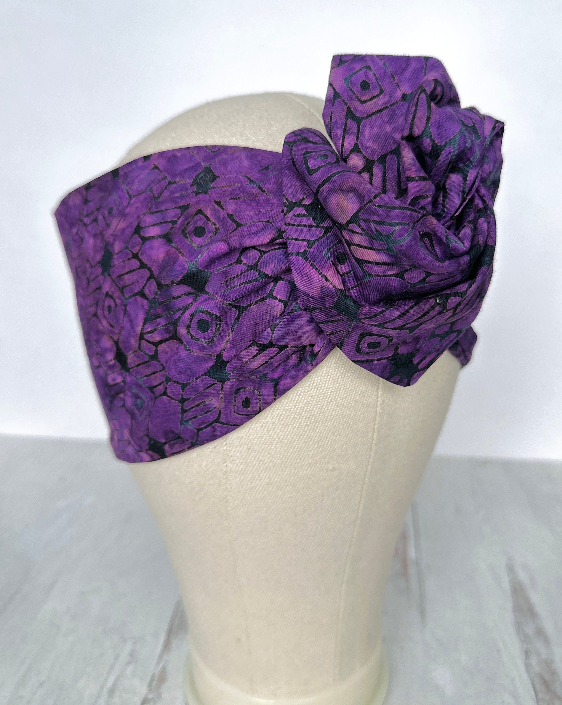 Extra Wide Adjustable Wire Headband, Batik Tribal Print, Purple Black , Wired Headband and Turban, Fabric Head Wrap, Hair Scarf