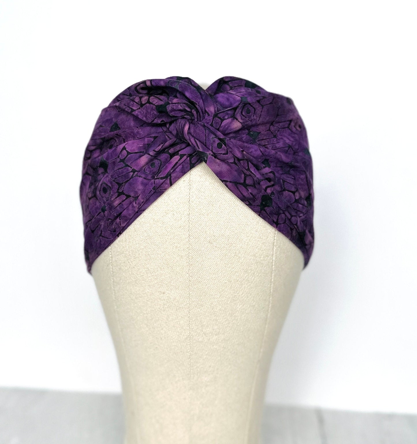 Extra Wide Adjustable Wire Headband, Batik Tribal Print, Purple Black , Wired Headband and Turban, Fabric Head Wrap, Hair Scarf