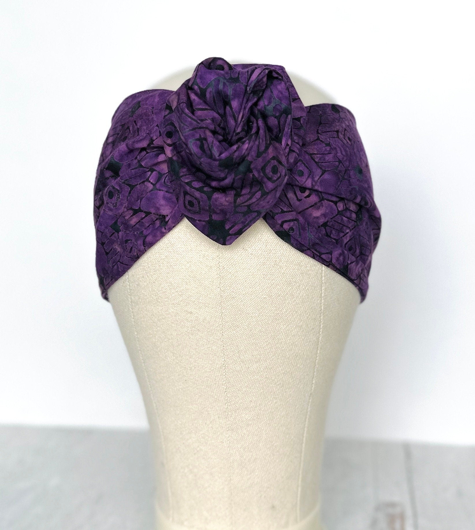 Extra Wide Adjustable Wire Headband, Batik Tribal Print, Purple Black , Wired Headband and Turban, Fabric Head Wrap, Hair Scarf