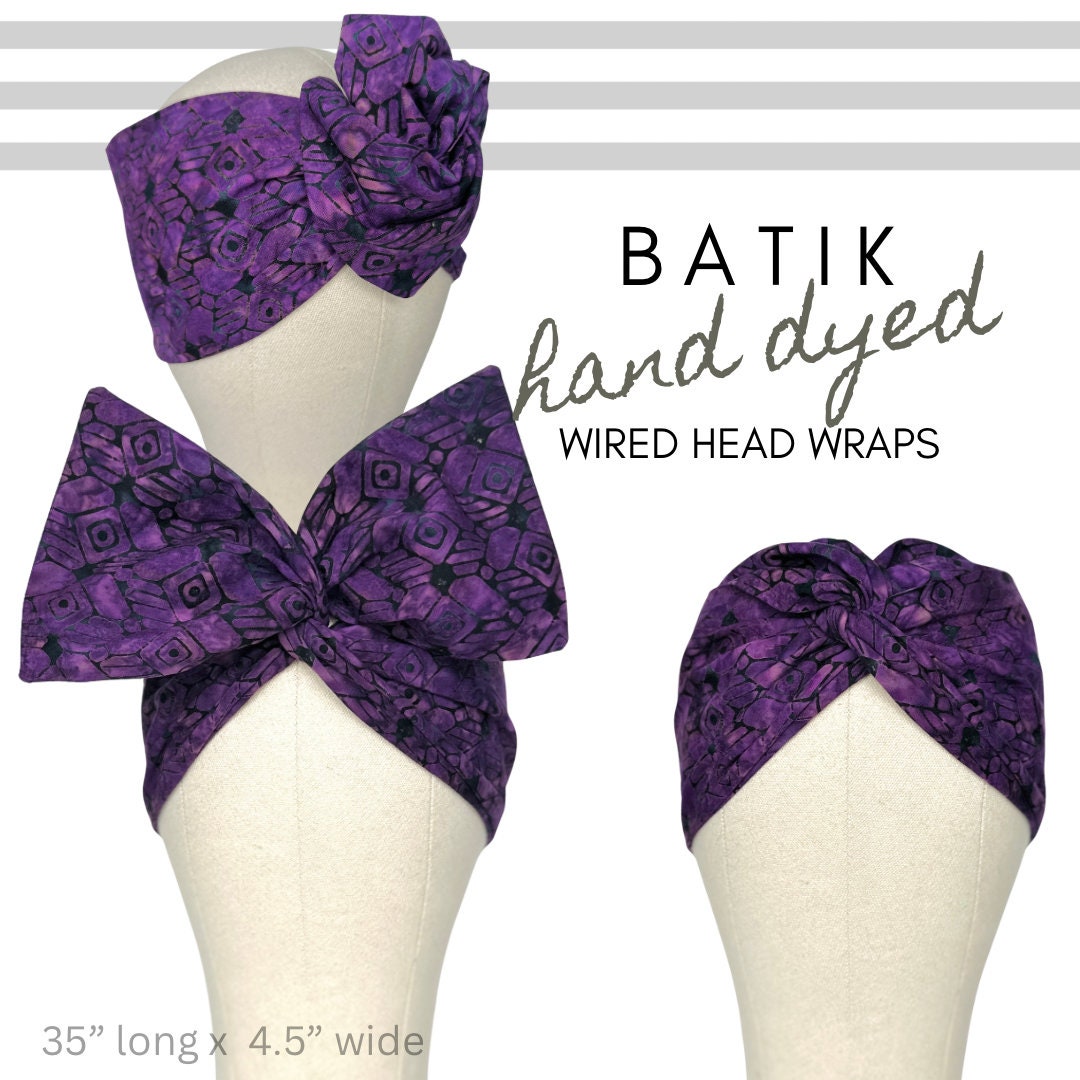 Extra Wide Adjustable Wire Headband, Batik Tribal Print, Purple Black , Wired Headband and Turban, Fabric Head Wrap, Hair Scarf