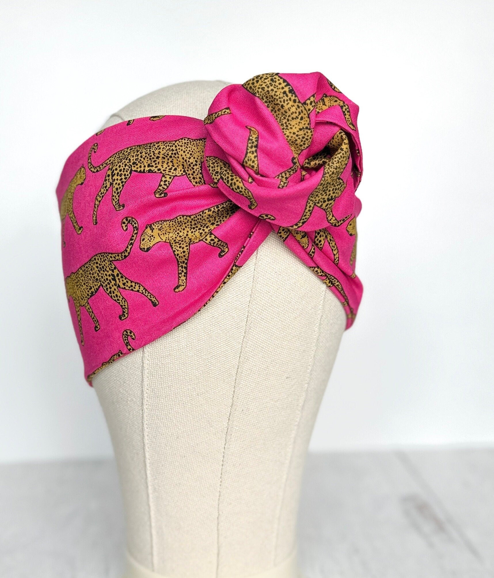 Extra Wide Adjustable Wire Headband, Pink Leopard Print, Boho Wired Headband, Fabric Head Wrap, Turban, Gift for Her, Bendable Scarf