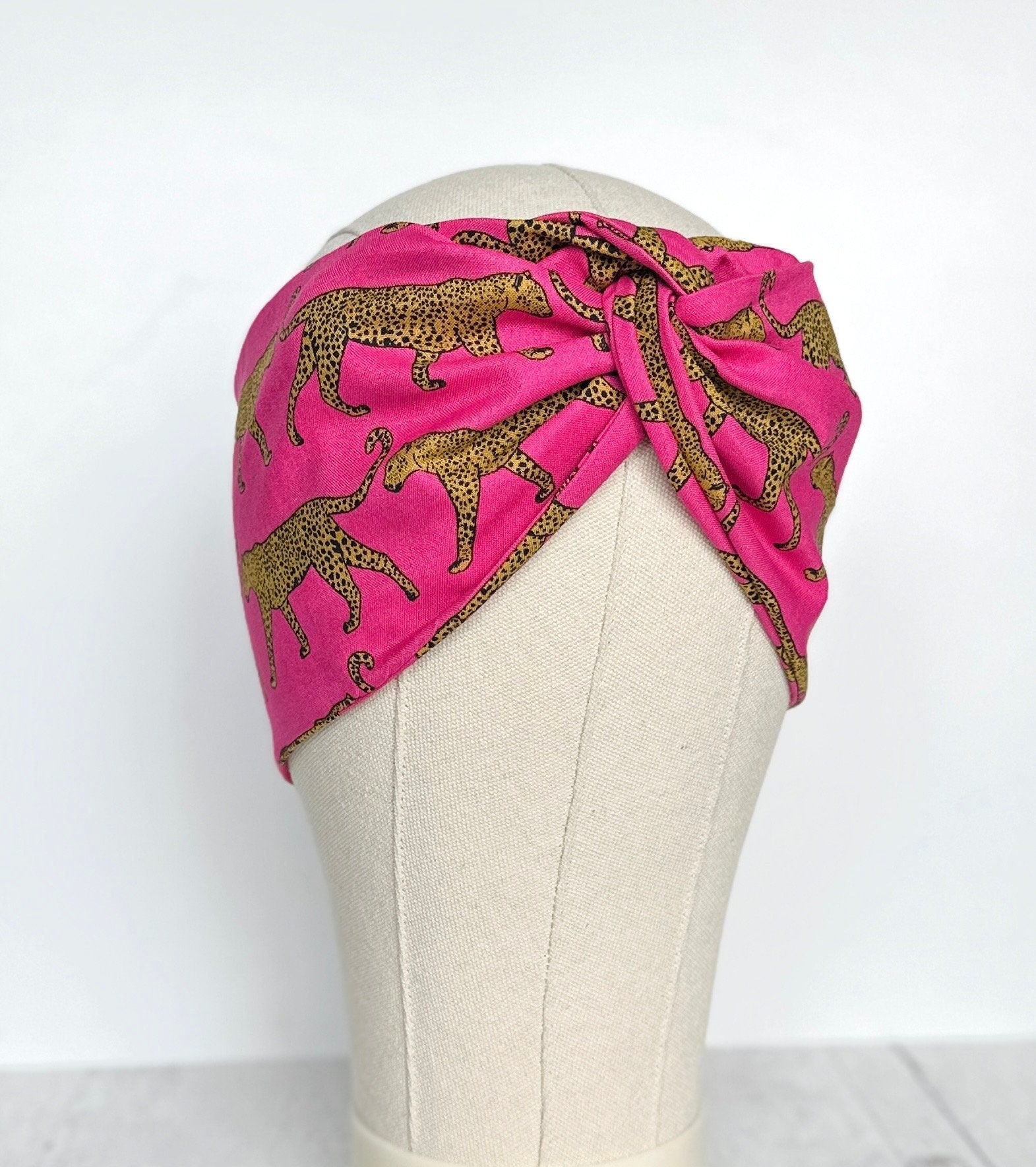 Extra Wide Adjustable Wire Headband, Pink Leopard Print, Boho Wired Headband, Fabric Head Wrap, Turban, Gift for Her, Bendable Scarf