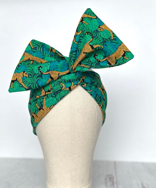 Extra Wide Adjustable Wire Headband, Tropical Leopard Print, Teal Gold, Boho Wired Headband, Fabric Head Wrap, Turban, Gift for Her, Scarf