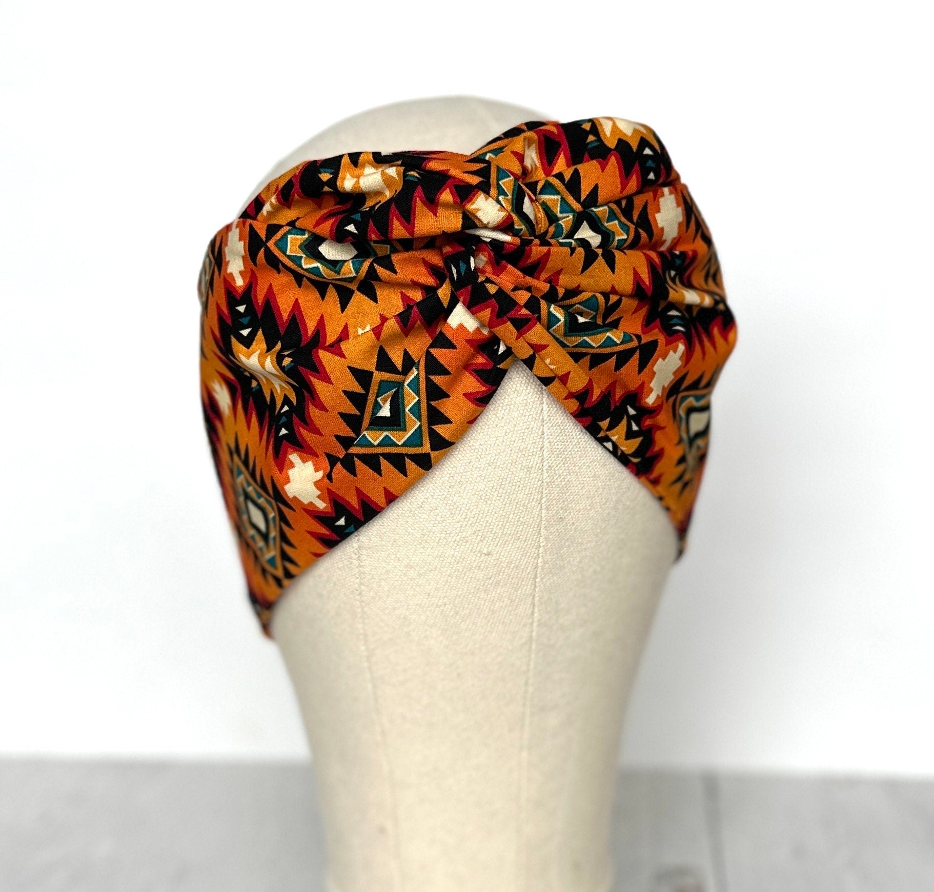 Extra Wide Adjustable Wire Headband, Orange Tribal Print Wired Headband For Women, Bendable Head Wrap, Turban Accessories, Head Scarf