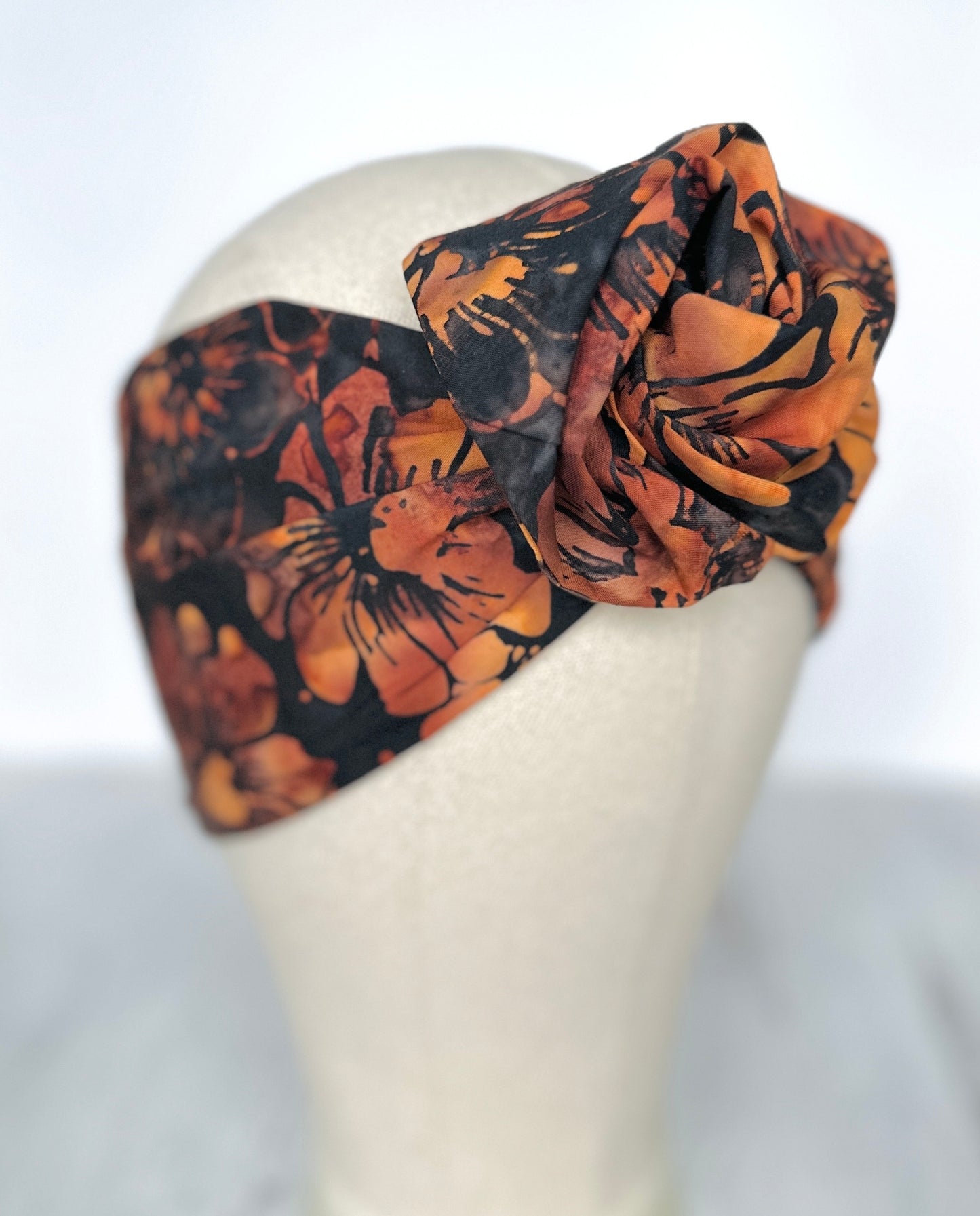 Extra Wide Adjustable Wire Headband, Batik Tropical Flower Print, Black Brown, Wired Headband, Fabric Head Wrap, Turban, Hair Scarf