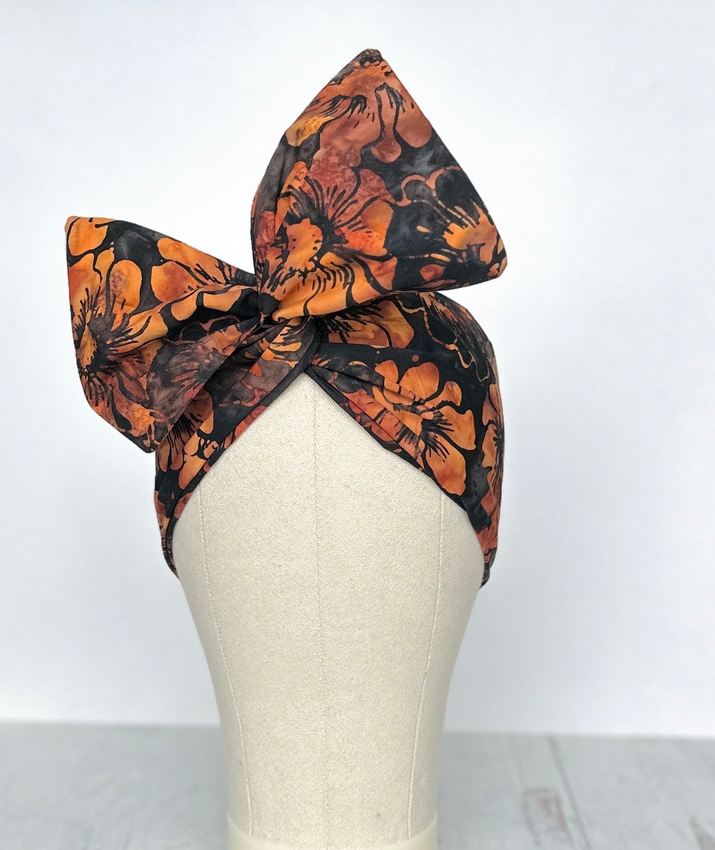 Extra Wide Adjustable Wire Headband, Batik Tropical Flower Print, Black Brown, Wired Headband, Fabric Head Wrap, Turban, Hair Scarf