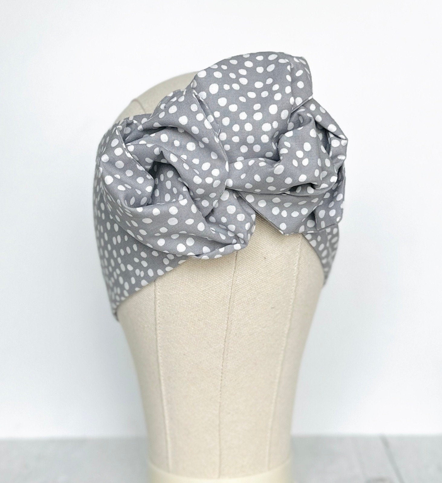 Extra Long Wide Adjustable Wire Headband, Grey Polka Dots Print, Wired Headband, Fabric Head Wrap, Turban, Women Accessories, Head Scarf