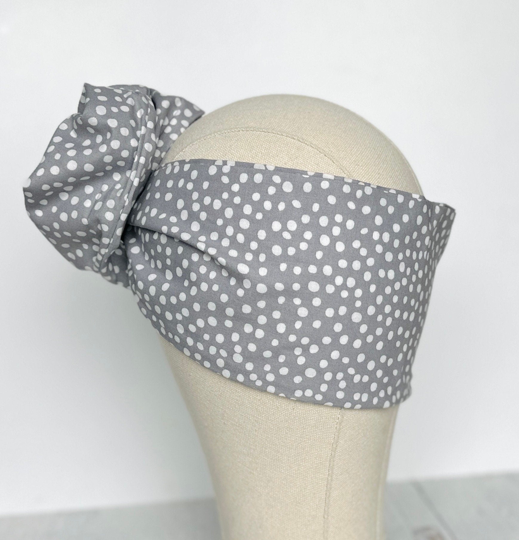 Extra Long Wide Adjustable Wire Headband, Grey Polka Dots Print, Wired Headband, Fabric Head Wrap, Turban, Women Accessories, Head Scarf