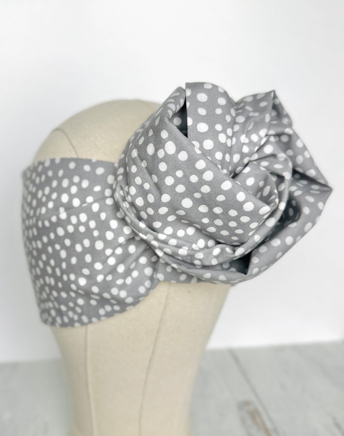 Extra Long Wide Adjustable Wire Headband, Grey Polka Dots Print, Wired Headband, Fabric Head Wrap, Turban, Women Accessories, Head Scarf