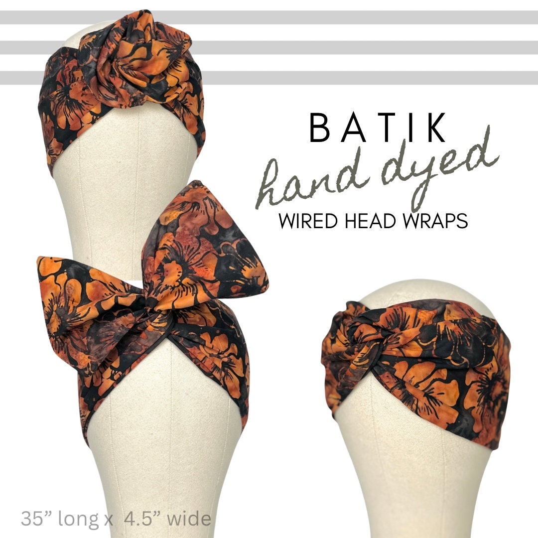 Extra Wide Adjustable Wire Headband, Batik Tropical Flower Print, Black Brown, Wired Headband, Fabric Head Wrap, Turban, Hair Scarf