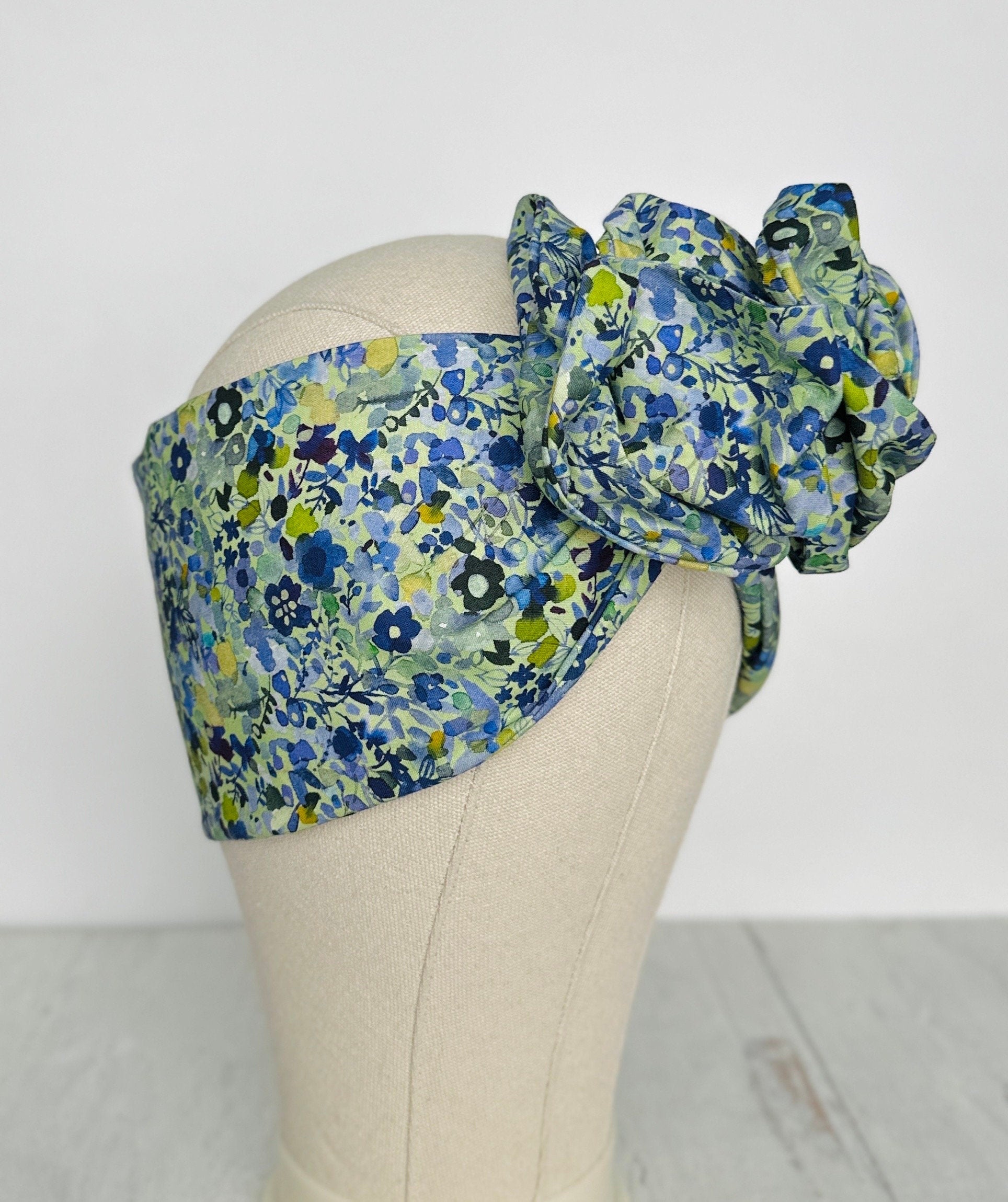 Extra Long & Wide BENDABLE Wire Head Wrap, Green Blue Floral Print Wired Headband and Turban, Hair Wrap Gift For Her, Head Scarf