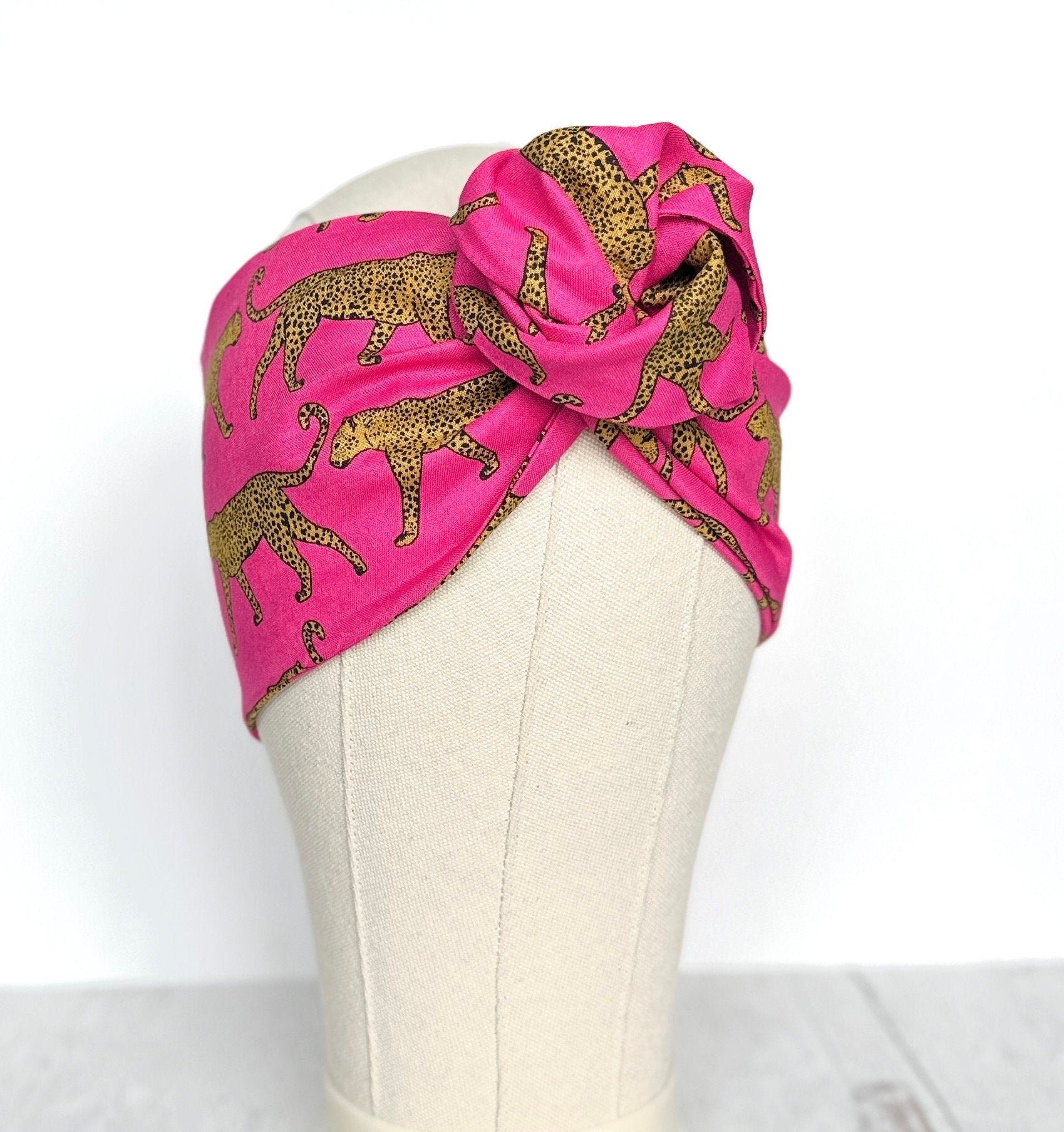 Extra Wide Adjustable Wire Headband, Pink Leopard Print, Boho Wired Headband, Fabric Head Wrap, Turban, Gift for Her, Bendable Scarf