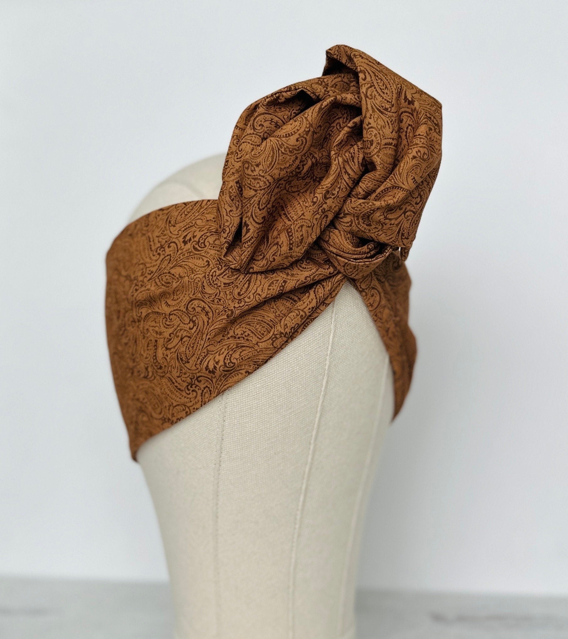 Extra Long Wide Bendable Wire Wrap, Brown Paisley Print, Cotton Fabric Fall Headband, Turban Head Scarf, Bandana Accessories For Women