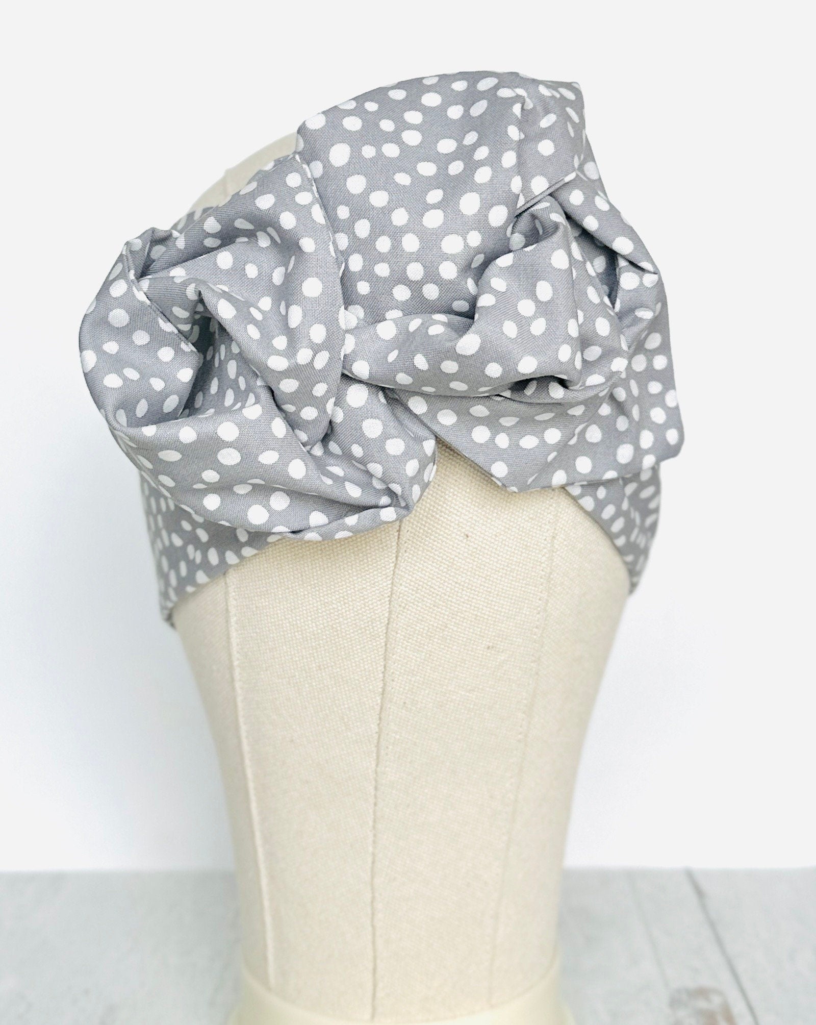 Extra Long Wide Adjustable Wire Headband, Grey Polka Dots Print, Wired Headband, Fabric Head Wrap, Turban, Women Accessories, Head Scarf