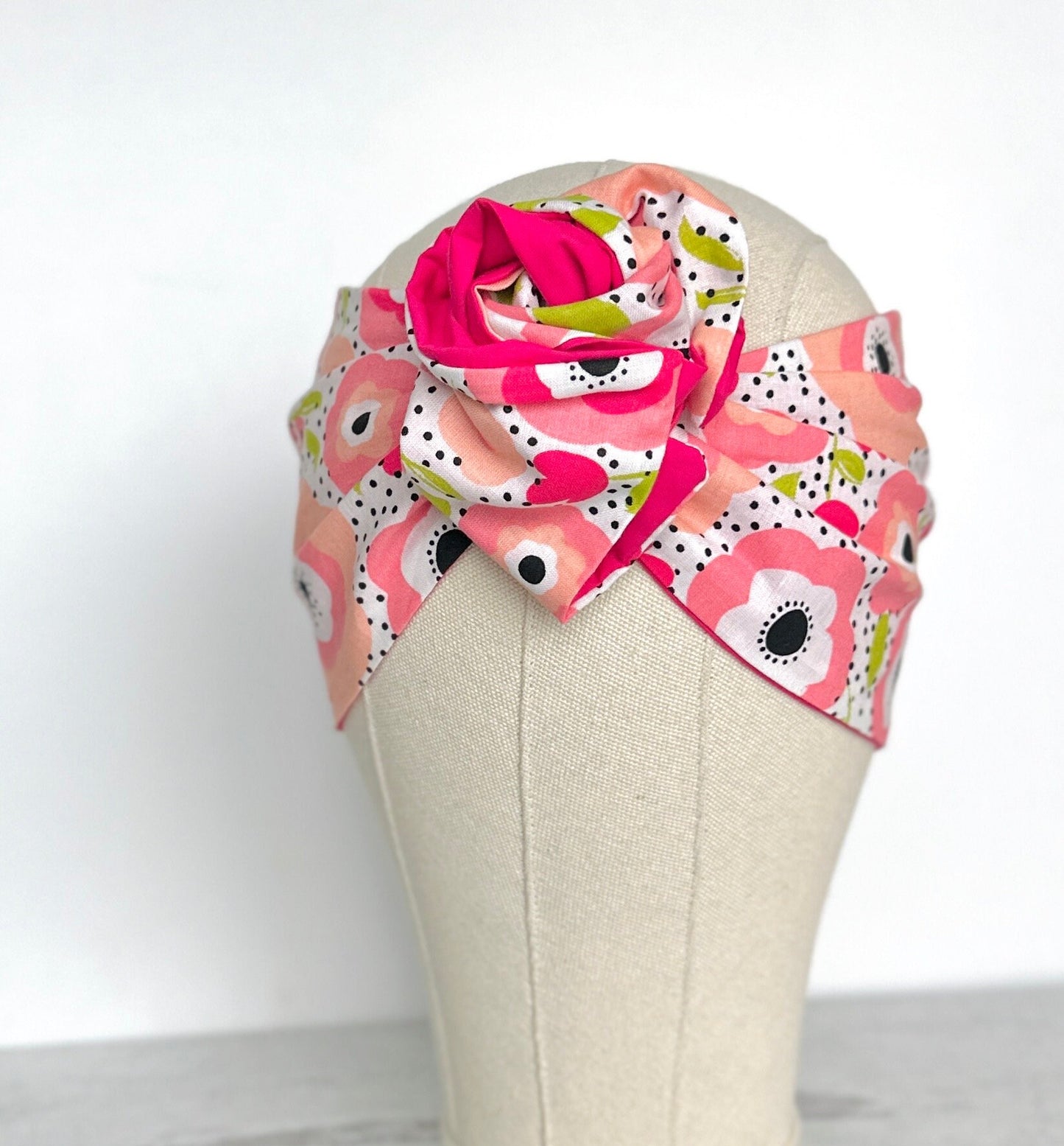 Extra Wide Reversible Adjustable Wire Headband, White Pink Floral Print, Bendable Wired Head Wrap, Turban Accessories, Head Scarf