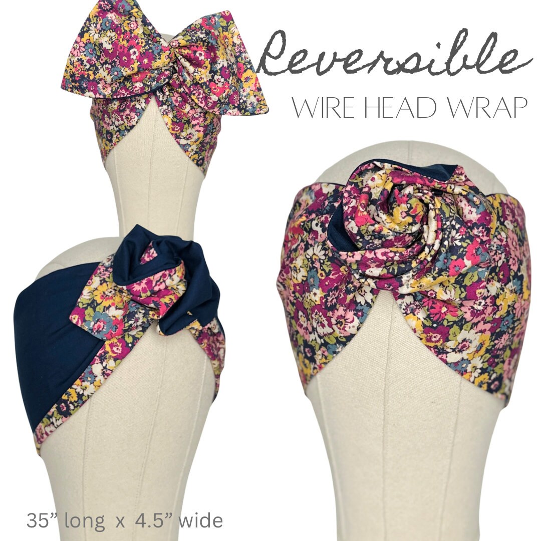 Extra Wide Reversible Adjustable Wire Headband, Pink & Blue Floral Print, Wired Headband, Head Wrap, Turban Accessories, Head Scarf