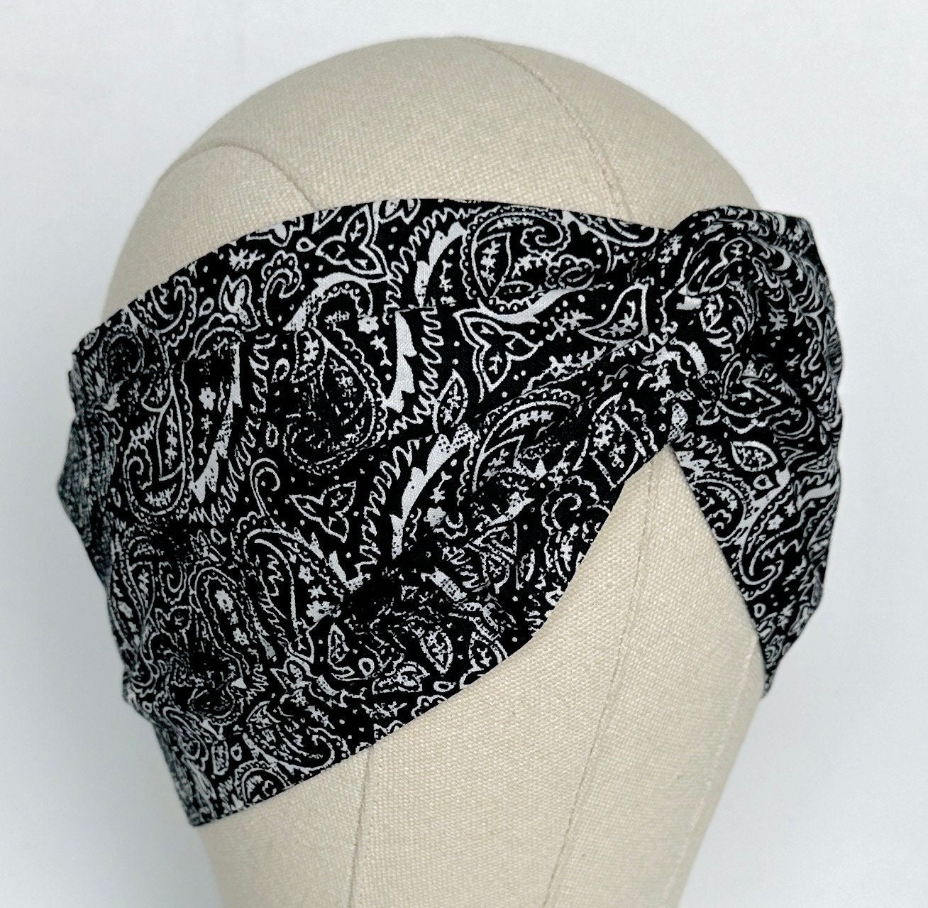 Extra Long Wide Bendable Wire Wrap Headband, Black White Paisley Bandana Print Head Wrap, Women Accessories, Head Scarf Turban