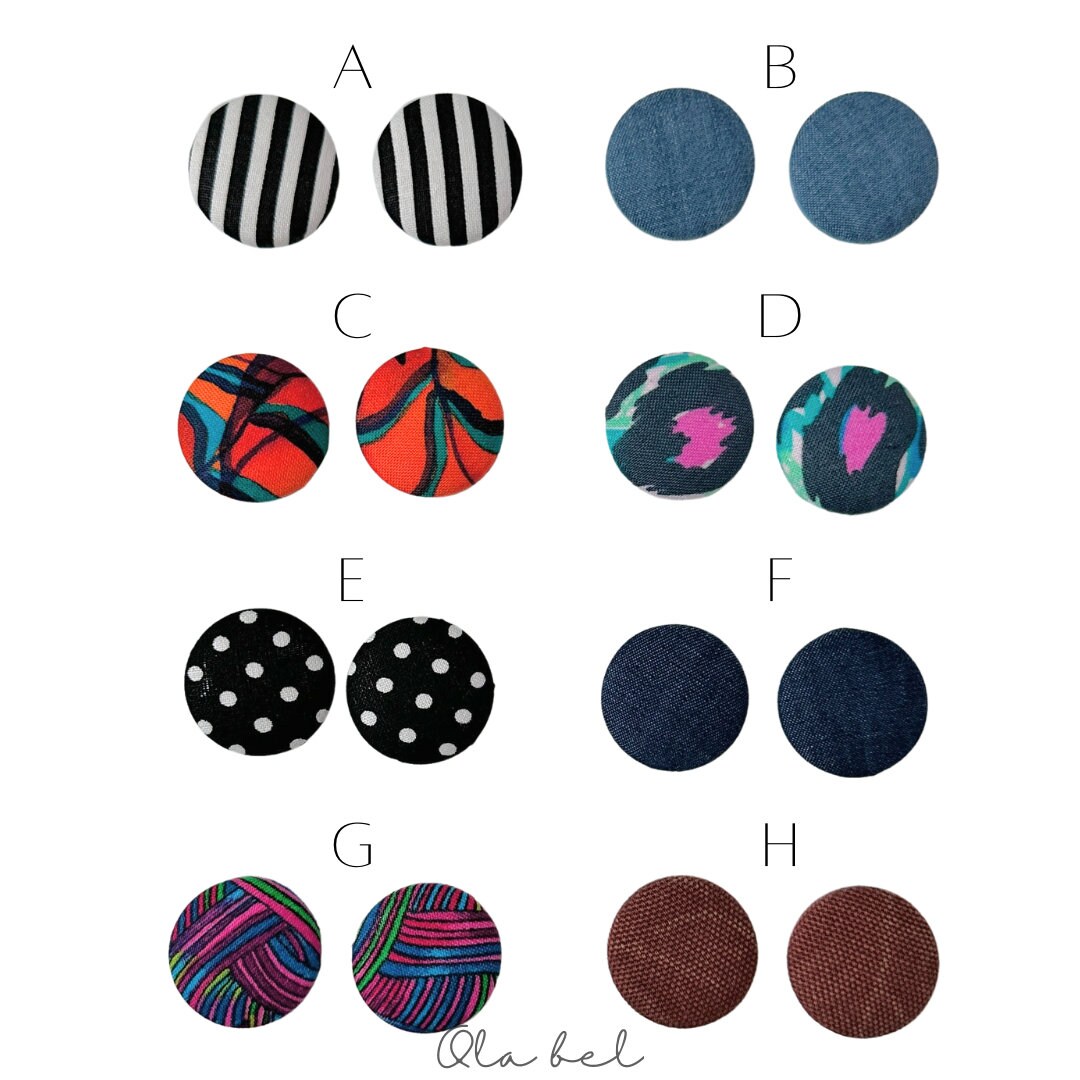 Two Sets of OVERSIZED Fabric Button Stud Earrings, Choose 2 Statement Earrings, Handmade Jewelry for Women, Stainless Steel Rubber Backs