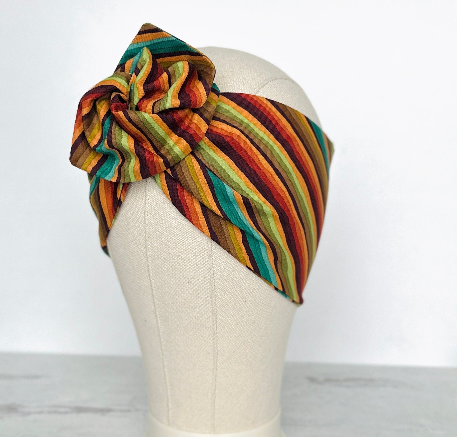 Extra Wide Bendable Wire Headband, Fall Striped Orange Teal Brown Wired Head Wrap For Women, Adjustable Turban, Autumn Head Scarf