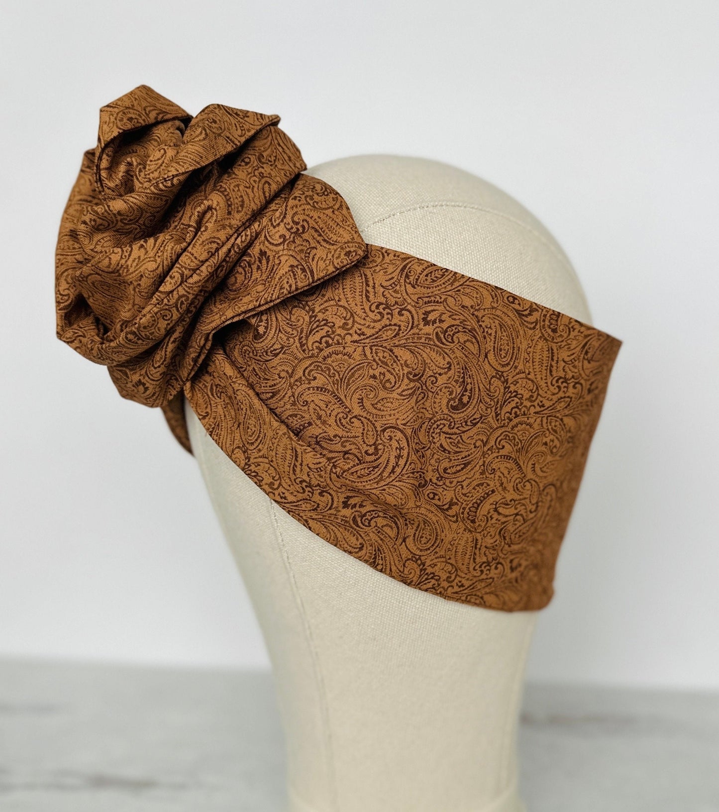 Extra Long Wide Bendable Wire Wrap, Brown Paisley Print, Cotton Fabric Fall Headband, Turban Head Scarf, Bandana Accessories For Women