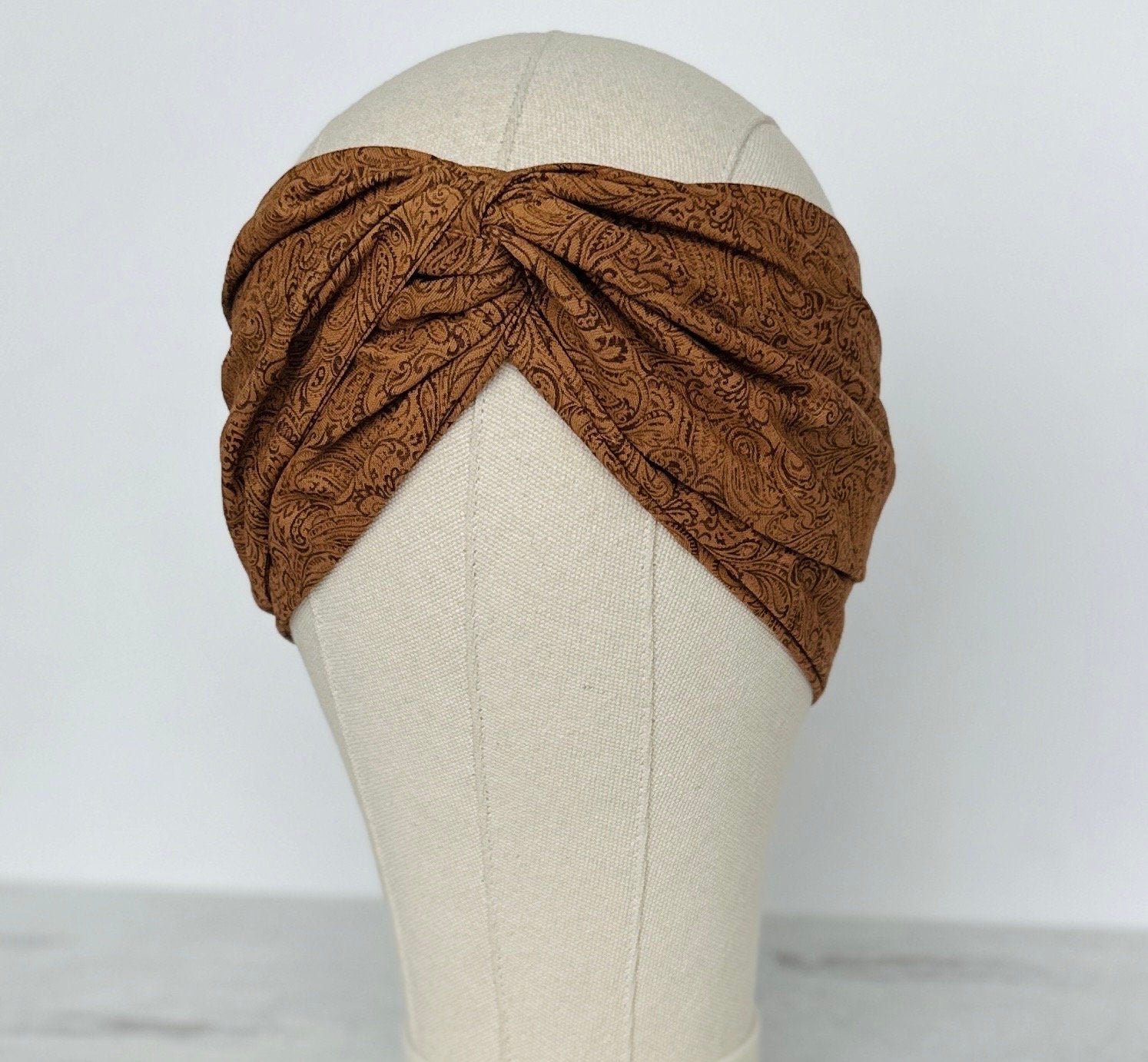 Extra Long Wide Bendable Wire Wrap, Brown Paisley Print, Cotton Fabric Fall Headband, Turban Head Scarf, Bandana Accessories For Women