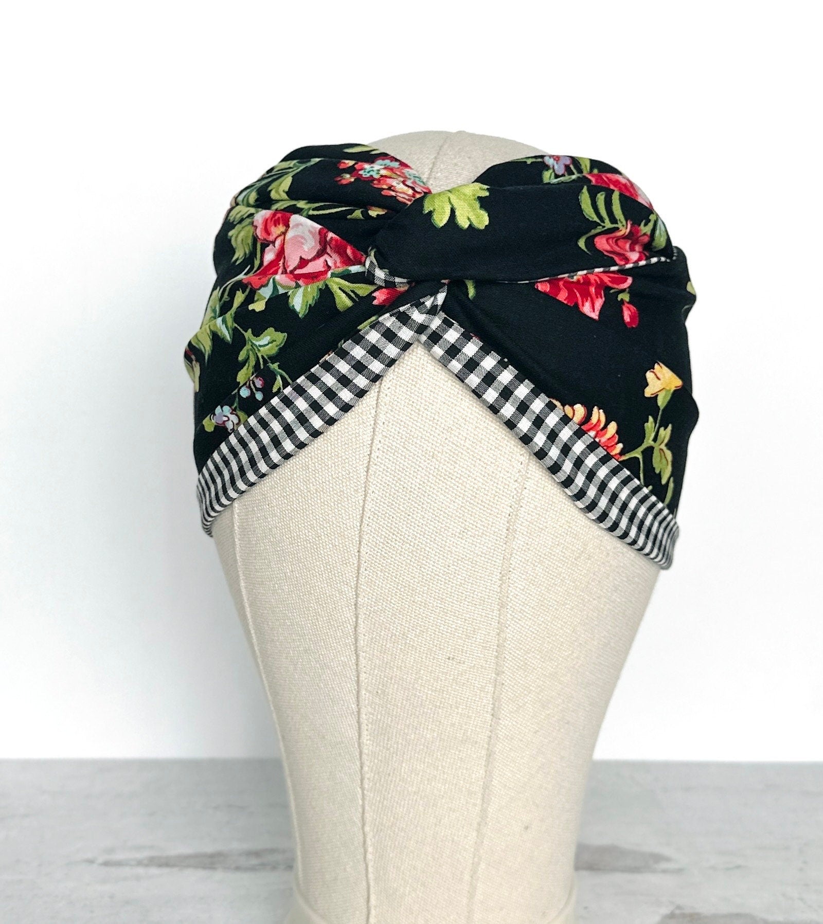 Extra Wide Reversible Adjustable Wire Headband, Black White Floral & Gingham Print, Wired Head Wrap, Turban Hair Accessories, Head Scarf